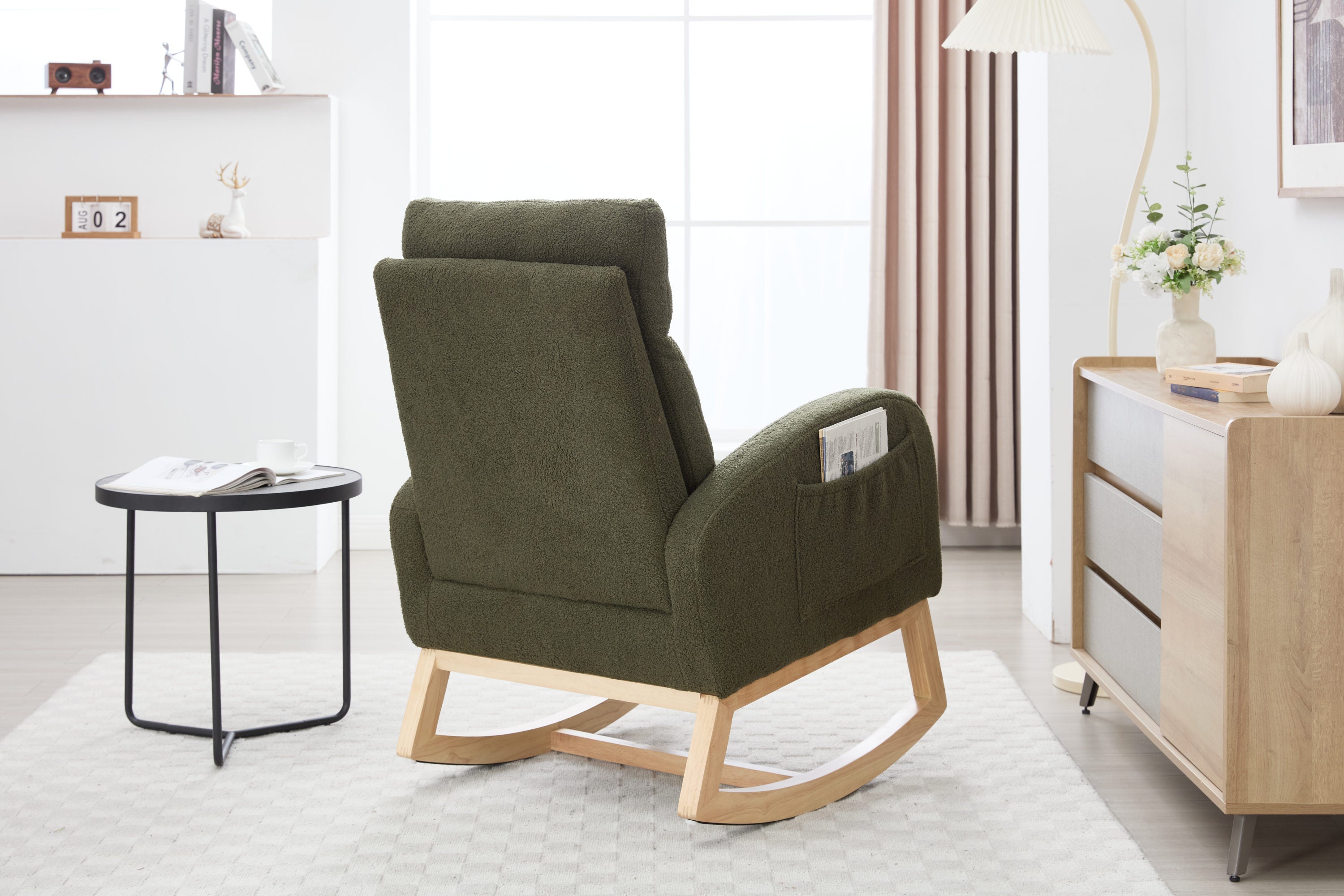 015B-Teddy Fabric Leisure Rocking Chair,Nursery Rocking Chair With Adjustable Footstool,Thickened Headrest And High Backrest, Storage Pocket On The Right Side,The Base Rocker Is Solid Wood,Green - Grand Goldman Shop