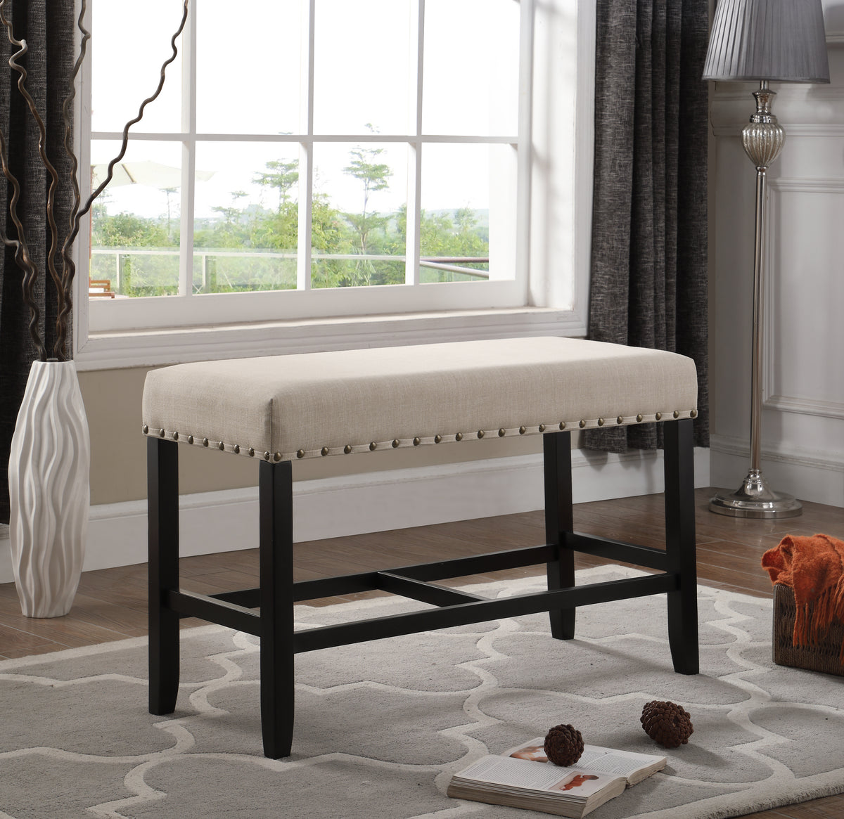 Biony Fabric Counter Height Dining Bench with Nailhead Trim, Tan - Grand Goldman Shop