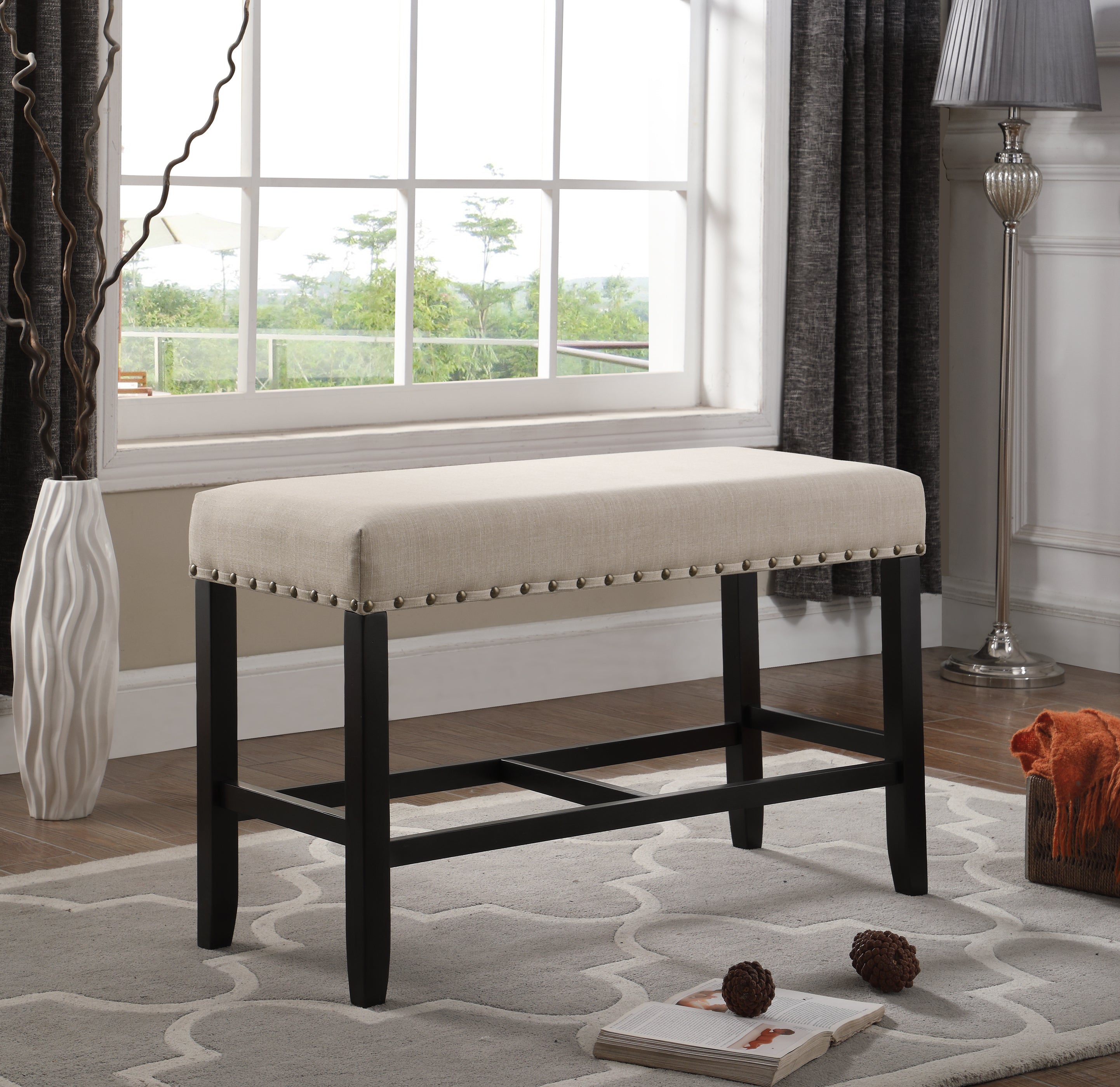 Biony Fabric Counter Height Dining Bench with Nailhead Trim, Tan - Grand Goldman Shop