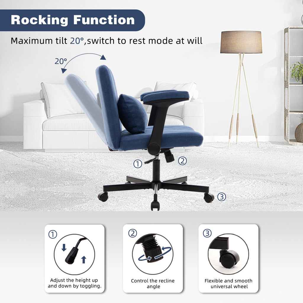 Modern Linen Blue Criss Cross Armrest Office Chair with Foldable Design, Soft Velvet Fabric, 36.6-Inch Height - Grand Goldman