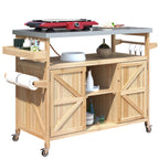 K&K Outdoor Kitchen Island, Rolling Bar Cart & Storage Cabinet, Farmhouse Solid Wood Outdoor Grill Table with Stainless Steel Top, Spice Rack , Towel Rack for Kitchen & BBQ , Natural - Grand Goldman Shop