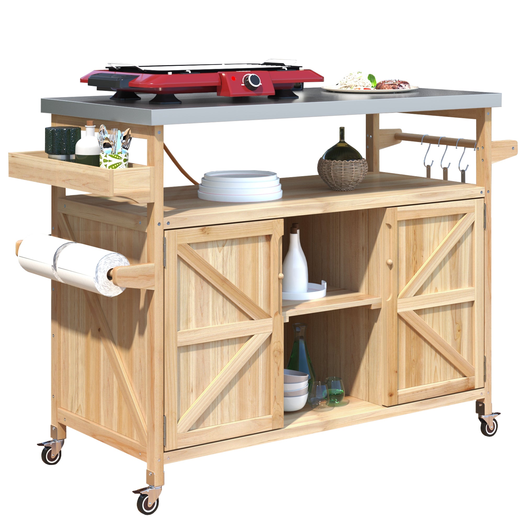 K&K Outdoor Kitchen Island, Rolling Bar Cart & Storage Cabinet, Farmhouse Solid Wood Outdoor Grill Table with Stainless Steel Top, Spice Rack , Towel Rack for Kitchen & BBQ , Natural - Grand Goldman Shop