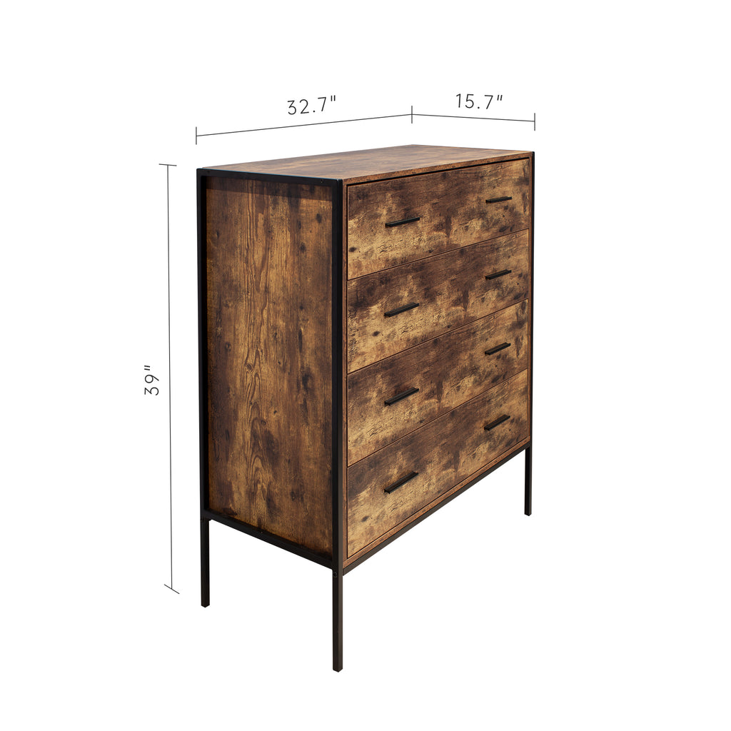 Industrial Style 4 Drawer Dresser,Rustic Brown Wood Storage Dresser Clothes Organizer with Sturdy Steel Frame, Chest with 4 Drawer, Storage Cabinet for Bedroom, Living Room - Grand Goldman Shop