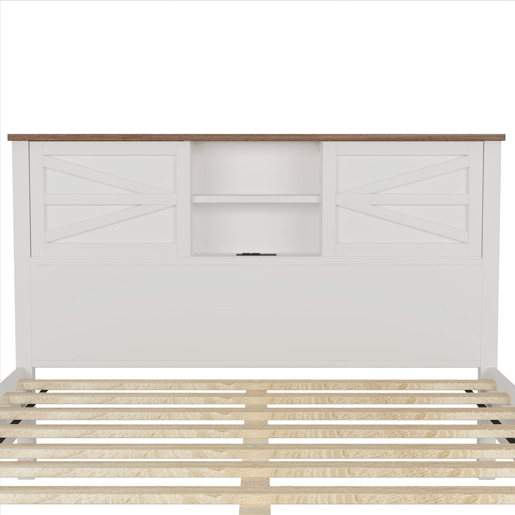 3-Pieces Bedroom Sets Full Size Farmhouse Platform Bed with Double Sliding Door Storage Headboard and Charging Station, Storage Nightstand and Dresser, White+Brown(Old SKU HL000091AAK) - Grand Goldman Shop
