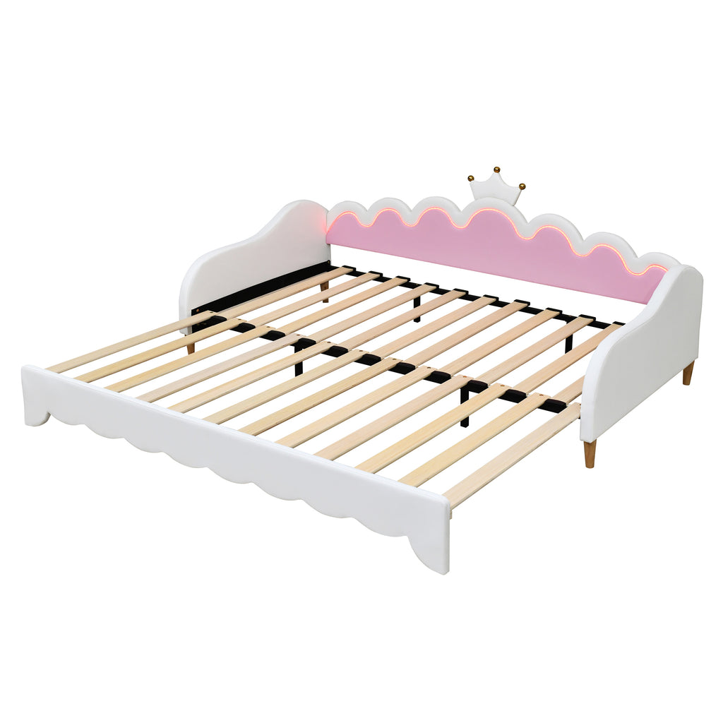 Twin Extending Daybed with LED Lights, Modern Upholstered Princess Daybed With Crown Headboard,White - Grand Goldman Shop
