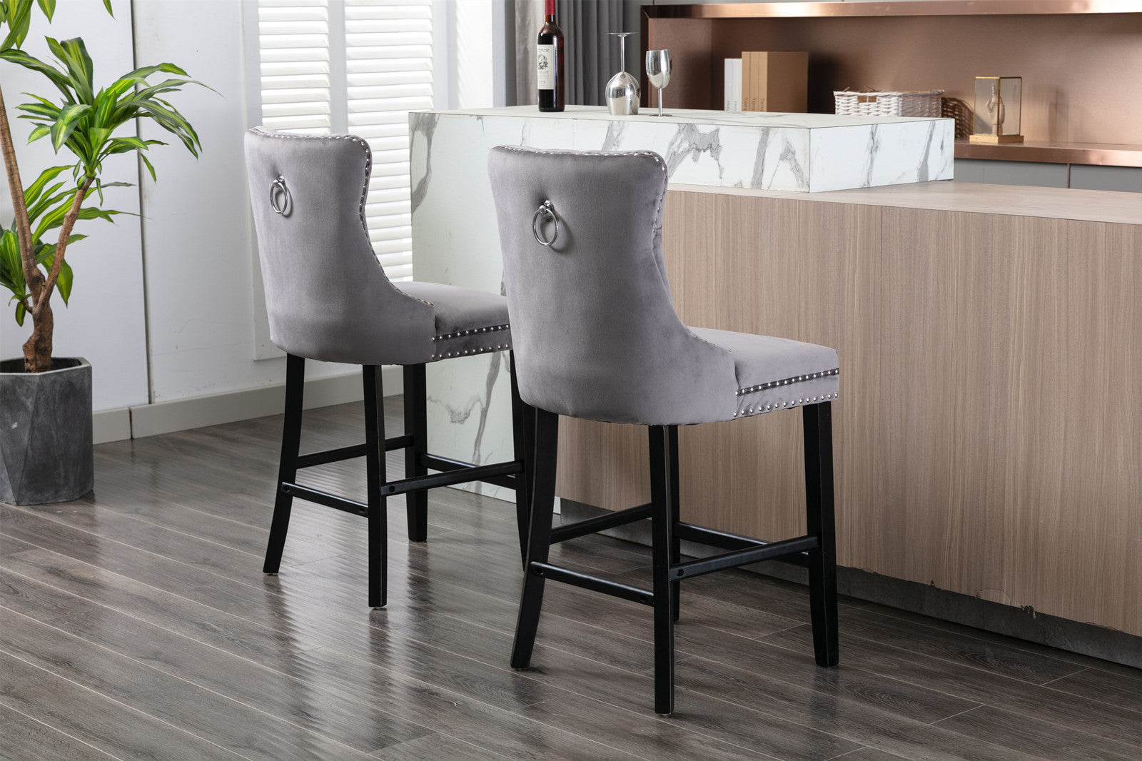 Contemporary Velvet Upholstered Barstools with Button Tufted Decoration and Wooden Legs, and Chrome Nailhead Trim, Leisure Style Bar Chairs,Bar stools, Set of 2 (Gray),SW1902GY - Grand Goldman Shop