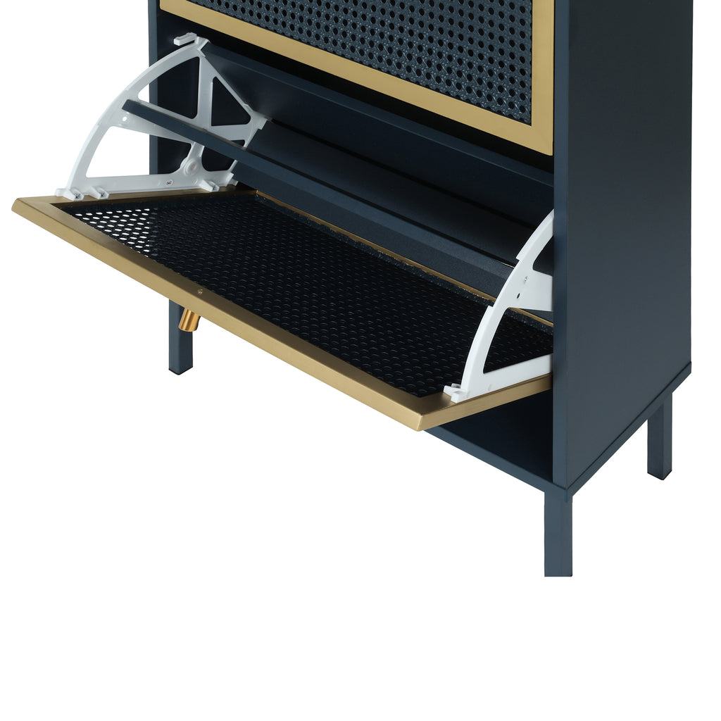 3-Door Metal Shoe Rack, Freestanding Modern Shoe Storage Cabinet with Metal Rattan - Blue-Gray Particle Board - For Entryway - Grand Goldman Shop