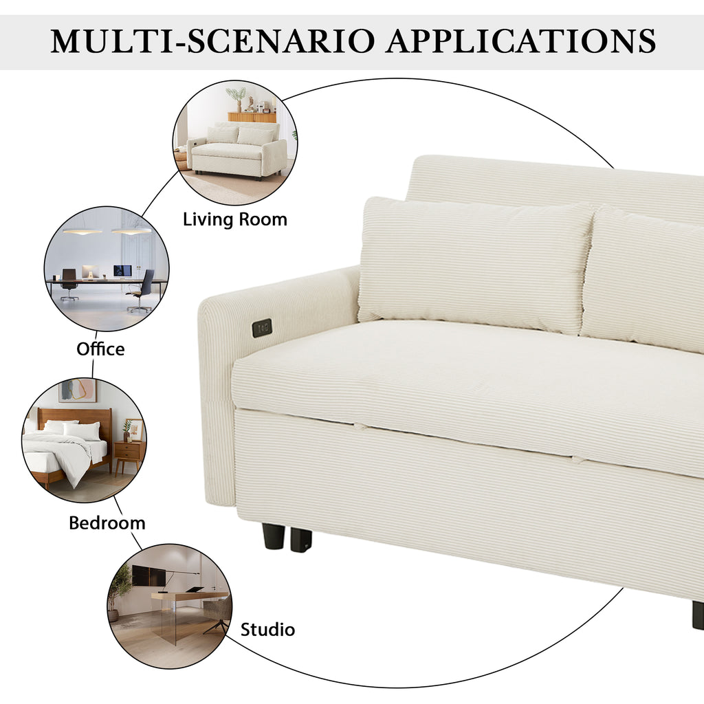 Modern Convertible Pull-out Sofa Bed with USB Ports and Pillows, Beige Corduroy, 57.48 inches - Grand Goldman Shop
