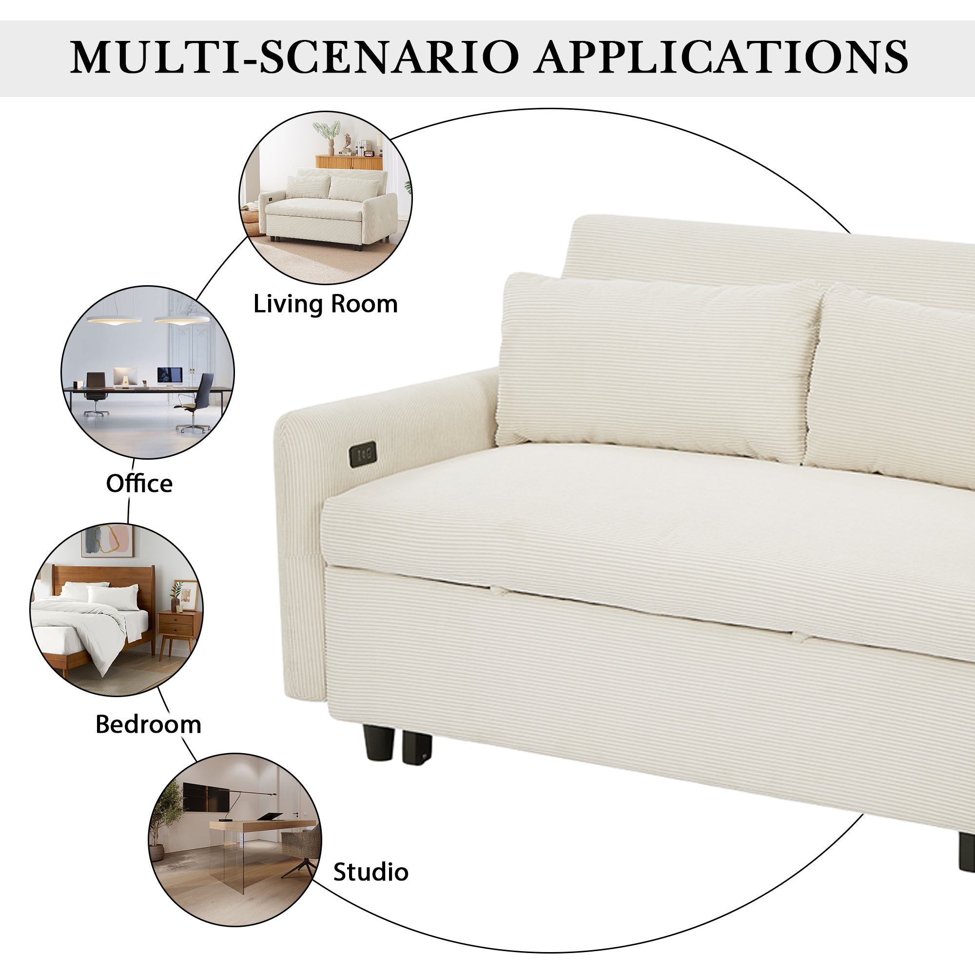 Modern Convertible Pull-out Sofa Bed with USB Ports and Pillows, Beige Corduroy, 57.48 inches - Grand Goldman Shop