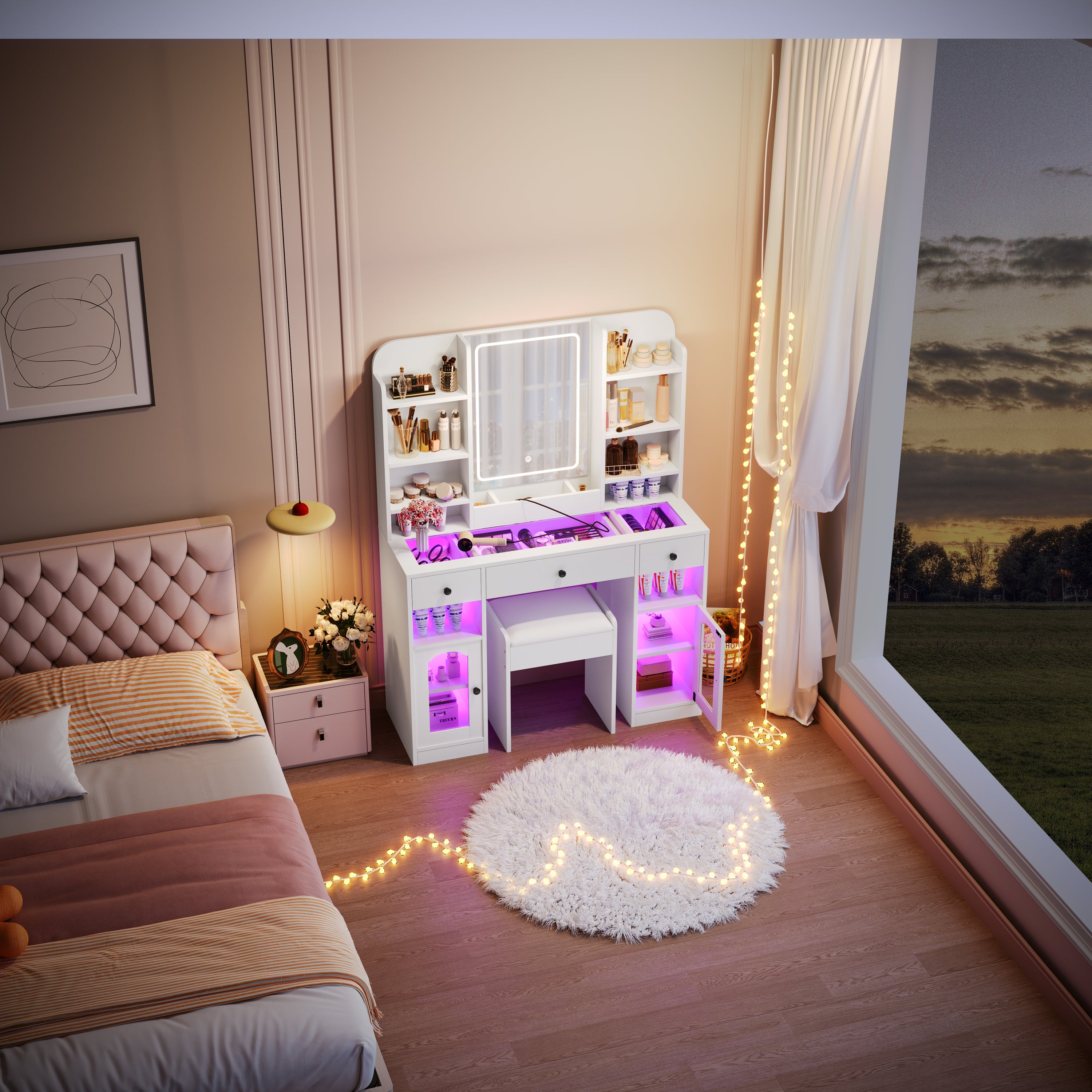 43.2' Vanity Desk with LED Mirror and Lights, Glass Top Vanity with RGB Glass Light Cabinets, Dressing Table with 3 Drawers ,Storage Shelves and Stool for Bedroom, White - Grand Goldman Shop