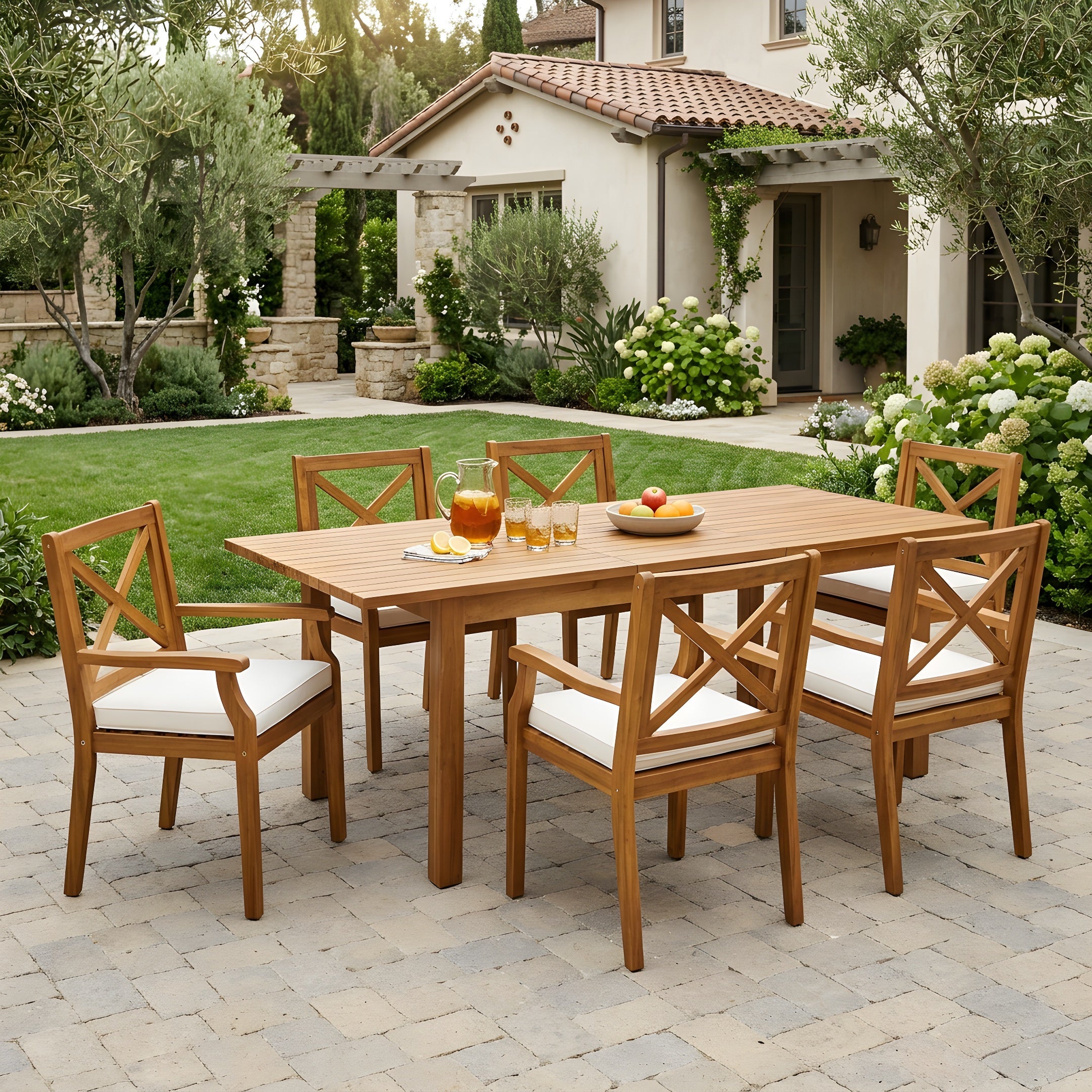 7-teiliges Akazienholz Outdoor-Essgruppe mit cremefarbenen Kissen, modernes 6 Stühle 1 großer Tisch, Essmöbel-Set für Rasen, Garten, Hinterhof, Poolbereich, Teak
