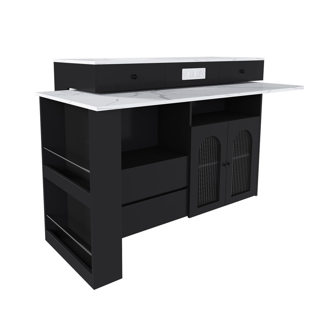 Retro Kitchen Island with Extendable Rotating Table, Black Marble Veneer on MDF, 4 Drawers & Glass Door Cabinets, Built-in Socket, Fits 2-4 People - Grand Goldman Shop