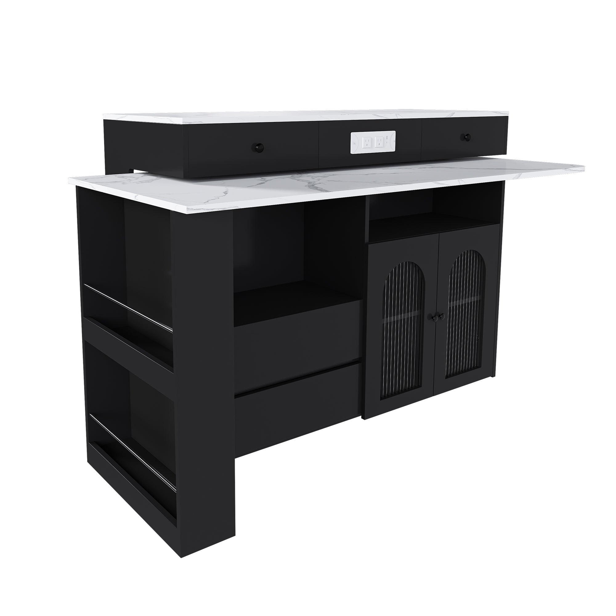 Retro Kitchen Island with Extendable Rotating Table, Black Marble Veneer on MDF, 4 Drawers & Glass Door Cabinets, Built-in Socket, Fits 2-4 People - Grand Goldman Shop