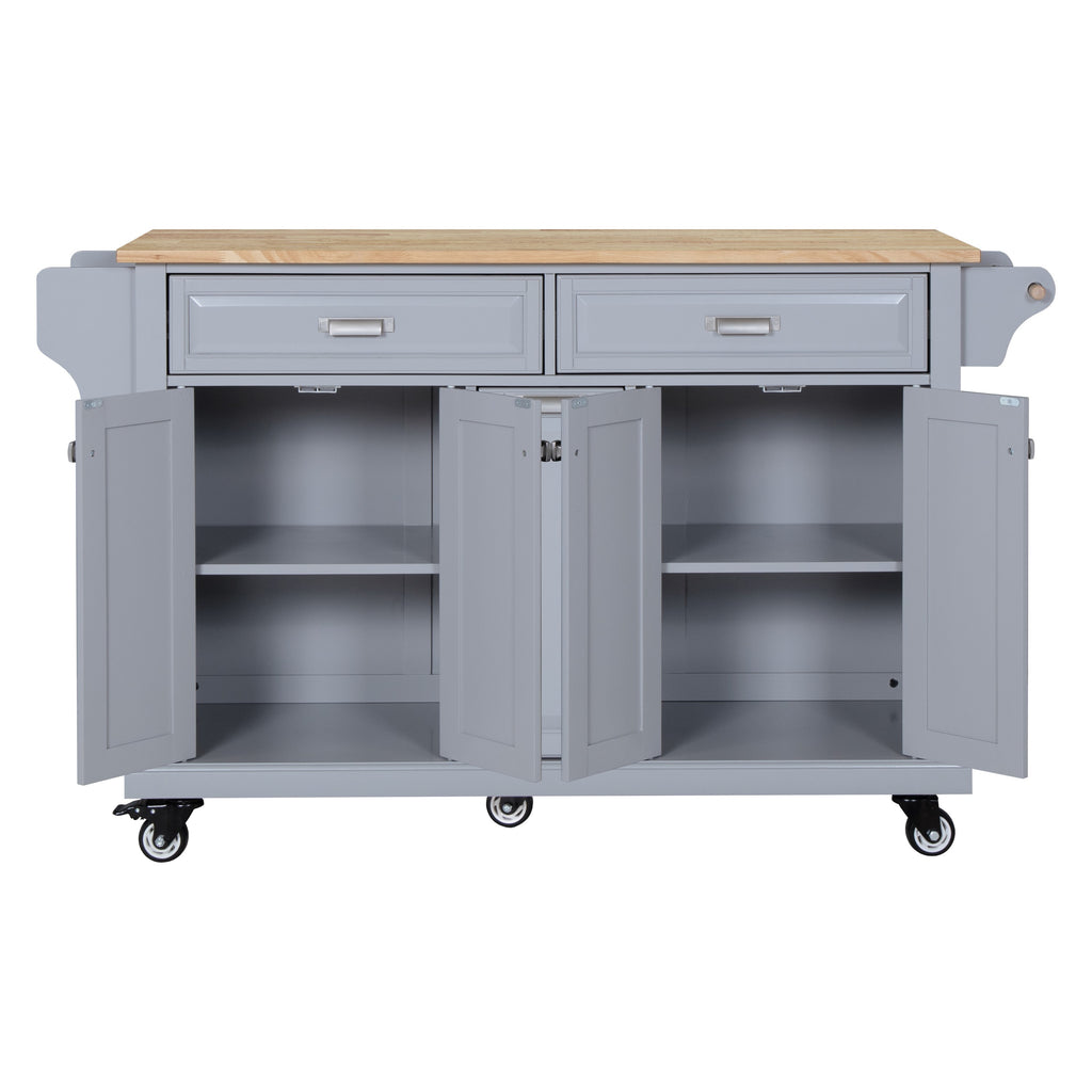 Kitchen Island with Rubber wood Countertop, Kitchen Cart on 5 Wheels with Storage Cabinet and 2 Top Drawers and A center double layered storage drawer for Dinning Room, Grey - Grand Goldman Shop