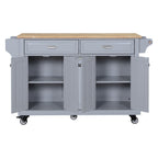 Kitchen Island with Rubber wood Countertop, Kitchen Cart on 5 Wheels with Storage Cabinet and 2 Top Drawers and A center double layered storage drawer for Dinning Room, Grey - Grand Goldman Shop