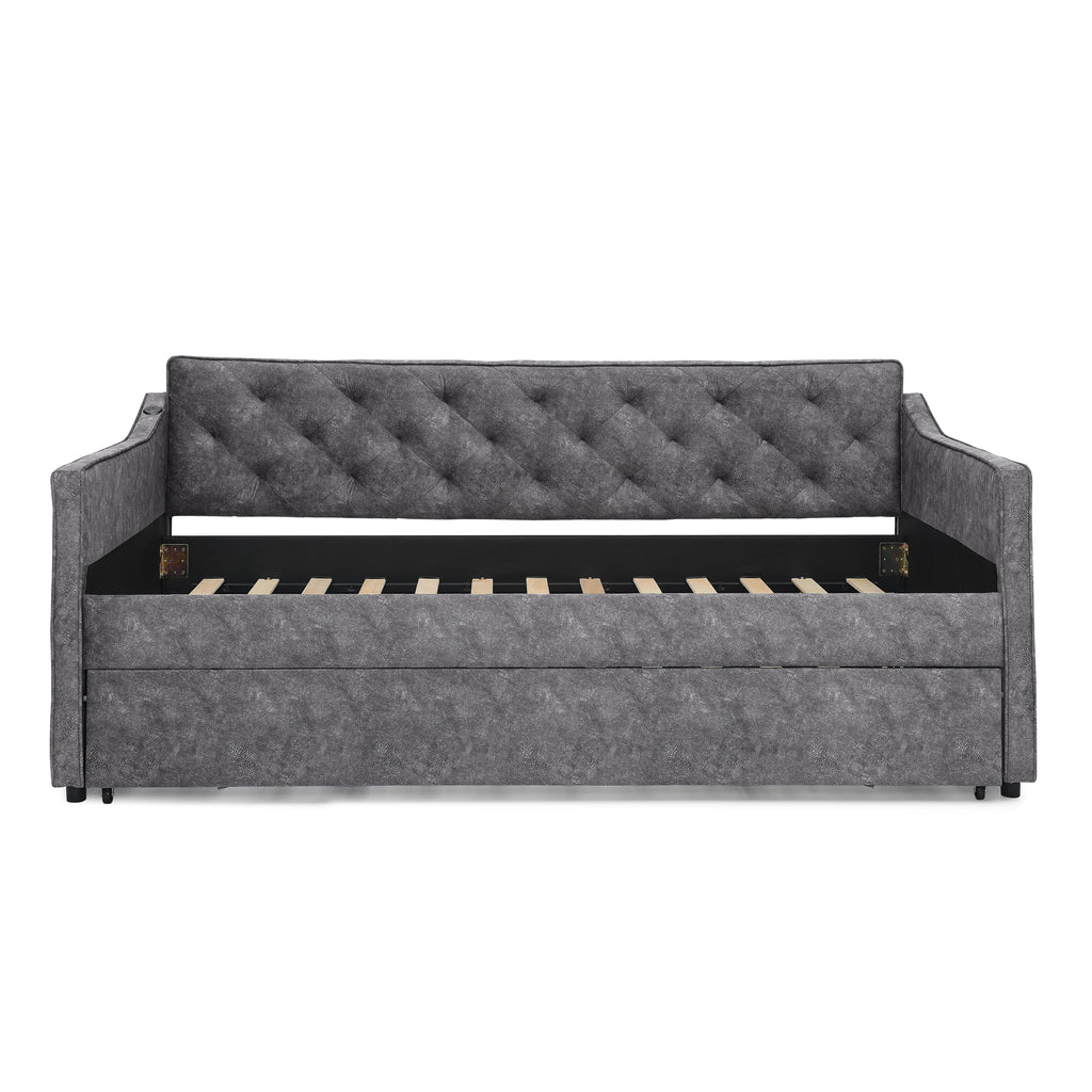 Grey Velvet Mid-Century Style Twin Upholstered Daybed with Pop-Up Trundle and USB Charging Armrest - Grand Goldman Shop