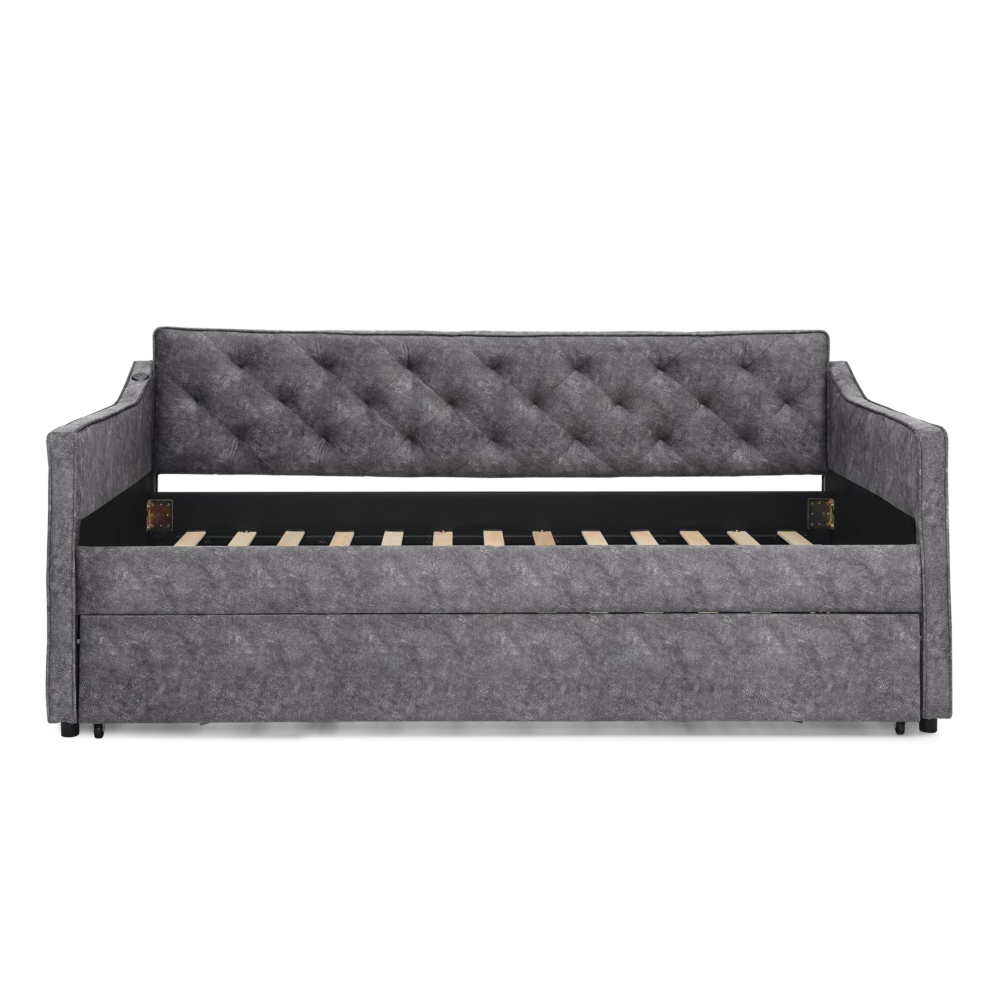 Grey Velvet Mid-Century Style Twin Upholstered Daybed with Pop-Up Trundle and USB Charging Armrest - Grand Goldman Shop
