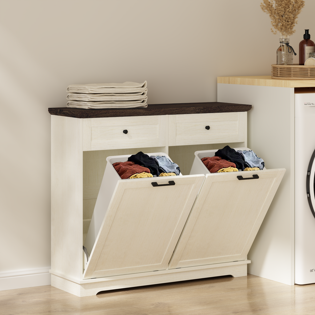 20 Gallon Tilt Out Trash Cabinet Freestanding Trash Bin Cabinet Wood Garbage Recycling Cabinet with Drawer Pet Proof Trash Can Holder for Kitchen Living Room, Antique White (Not include trash can) - Grand Goldman Shop