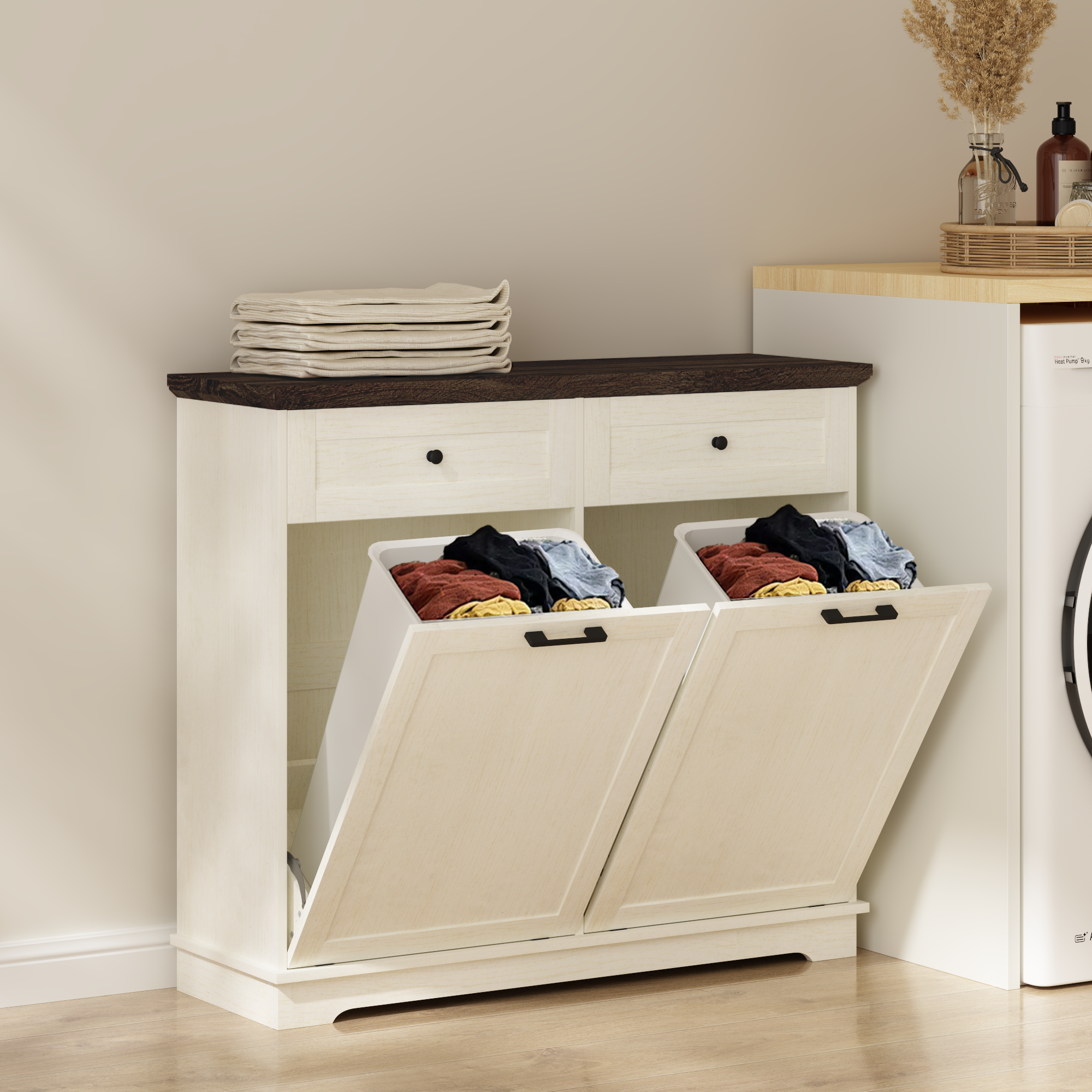 20 Gallon Tilt Out Trash Cabinet Freestanding Trash Bin Cabinet Wood Garbage Recycling Cabinet with Drawer Pet Proof Trash Can Holder for Kitchen Living Room, Antique White (Not include trash can) - Grand Goldman Shop