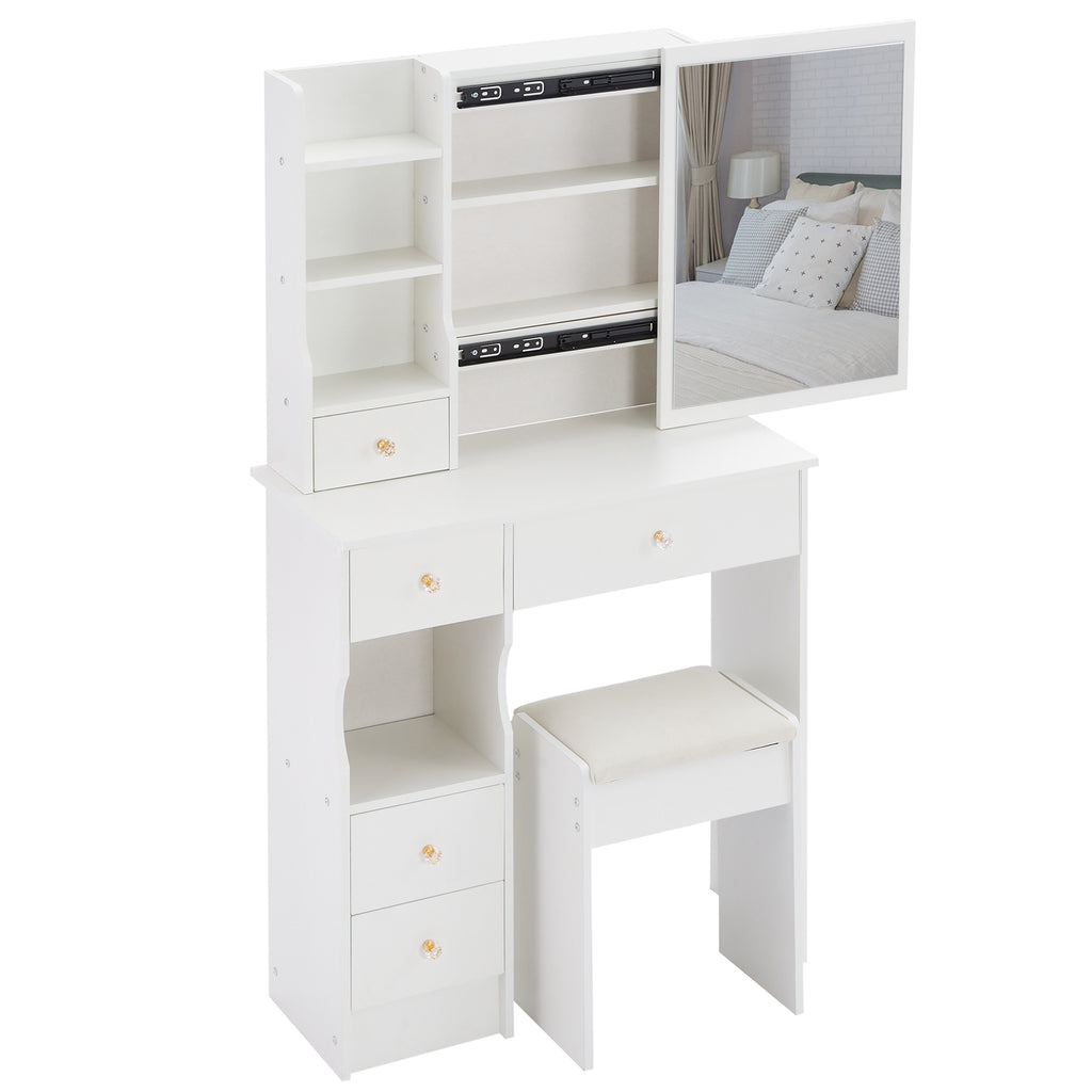 29.2' Small Space Left Drawer Desktop Vanity Table + Cushioned Stool, Extra Large Right sliding mirror, Multi Layer High Capacity Storage, Practical Fashionable Dresser, Suitable For Small Space - Grand Goldman Shop