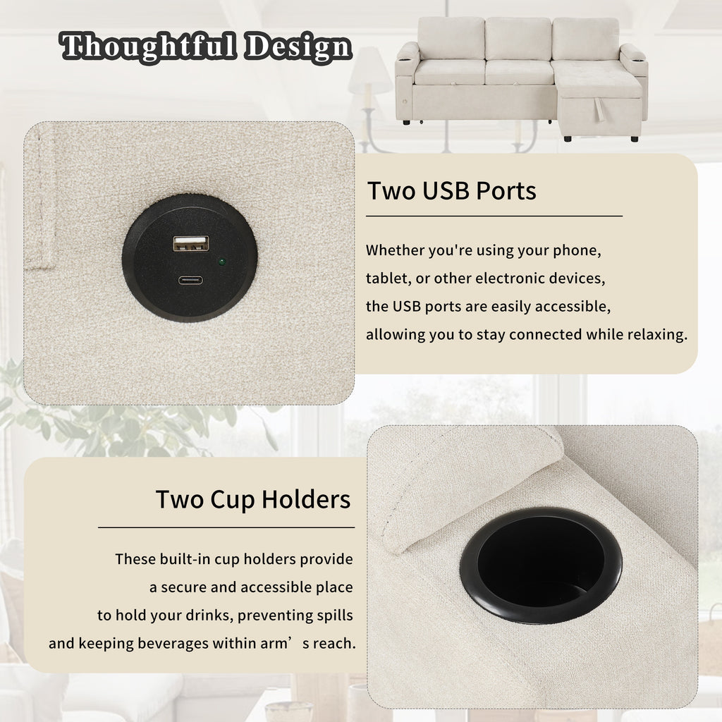 Convertible L-shaped Beige Sofa Couch with Storage, Cup Holders, USB Ports, Chenille Fabric - Grand Goldman Shop