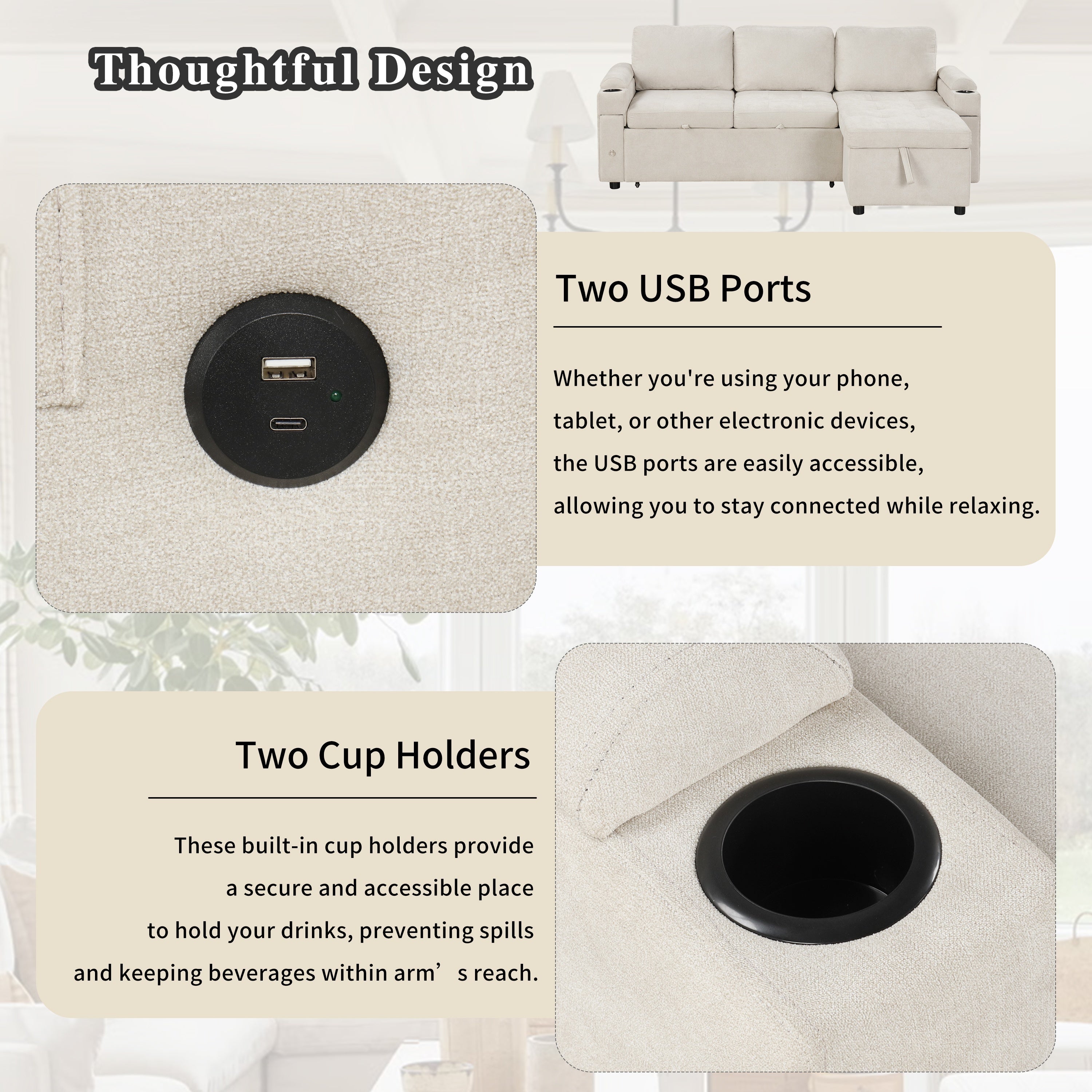 Convertible L-shaped Beige Sofa Couch with Storage, Cup Holders, USB Ports, Chenille Fabric - Grand Goldman Shop