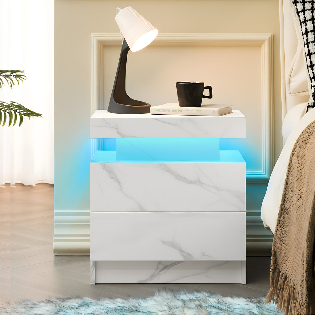 Nightstand LED Bedside Table Cabinet Lights Modern End Side with 2 Drawers for Bedroom (White Stone) - Grand Goldman Shop