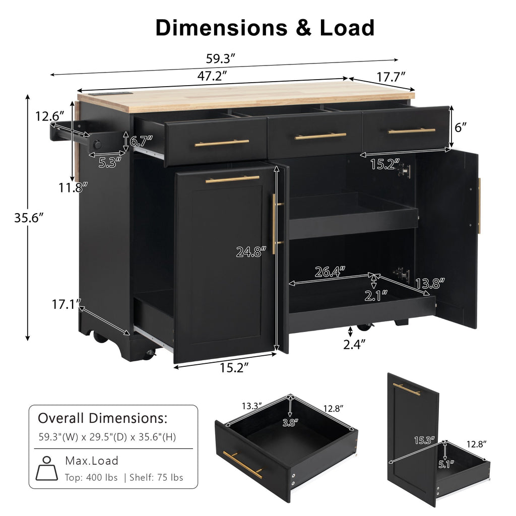 K&K 59.3' Kitchen Island with Storage 2 Pull Out Cabinet Organizers & Rubber Wood Drop Leaf, Rolling Kitchen Island with Trash Can Storage, Power Outlet, Spice & Towel Rack for Kitchen, Dining, Black - Grand Goldman Shop