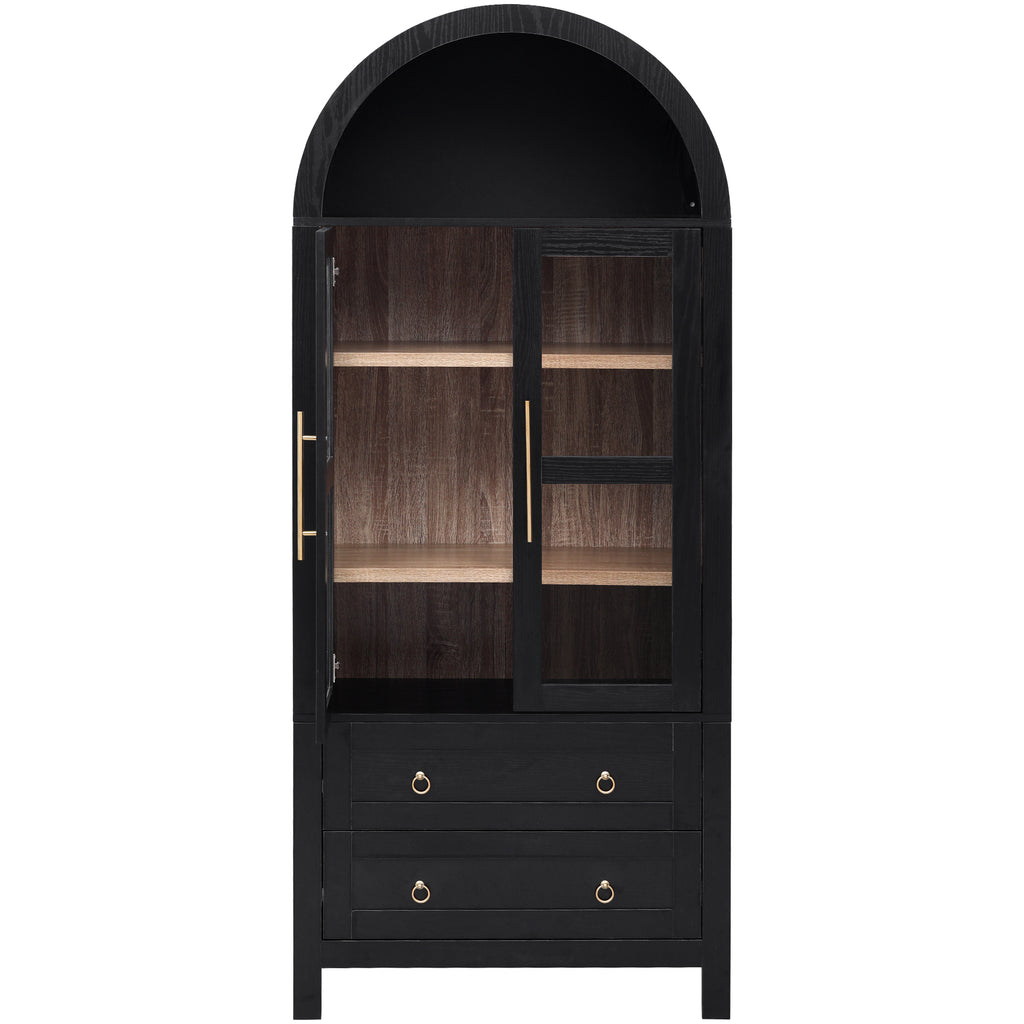 K&K 71' Tall Arched Kitchen Pantry Cabinet with 2 Large Drawers, Modern Farmhouse Kitchen Storage Cabinets with Adjustable Shelves, Glass Door, Wood Versatile Cupboard for Kitchens, Dining Room, Black - Grand Goldman Shop