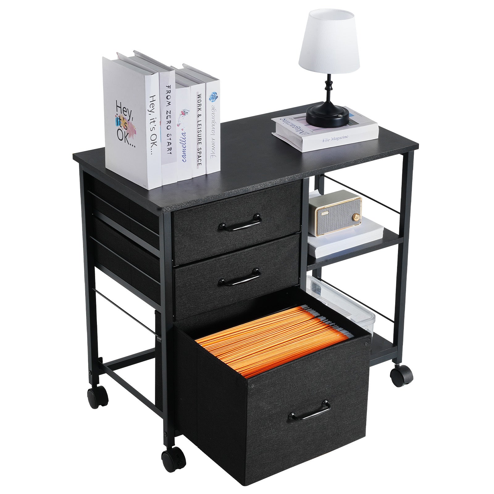 Mobile Metal File Cabinet with 3 Fabric Drawers and 2 Open Shelves Black | Premium Home Decor - Grand Goldman