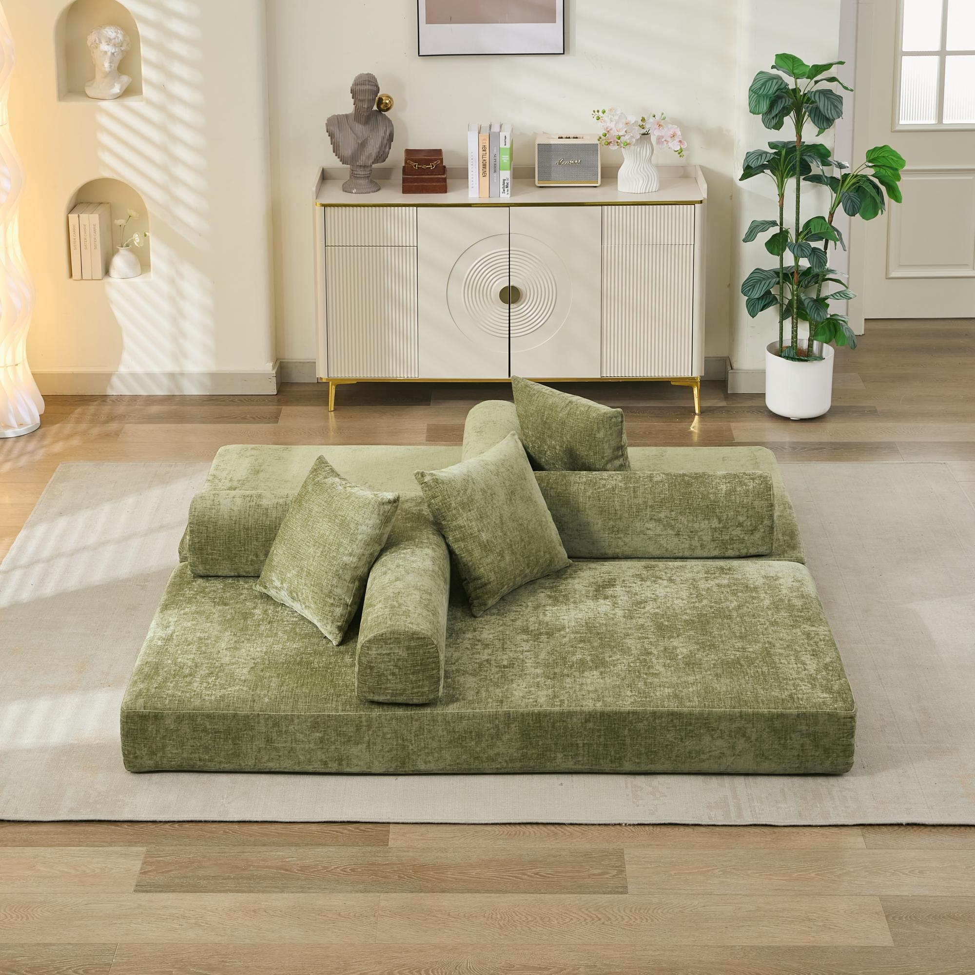Comfy Convertible Folding Mattress Couch, Floor Sofa Bed, Chenille Floor Sofa with Armrest, Floor Sofa Lounge Couch for Living Room Bedroom Lounge Studio-Green - Grand Goldman Shop