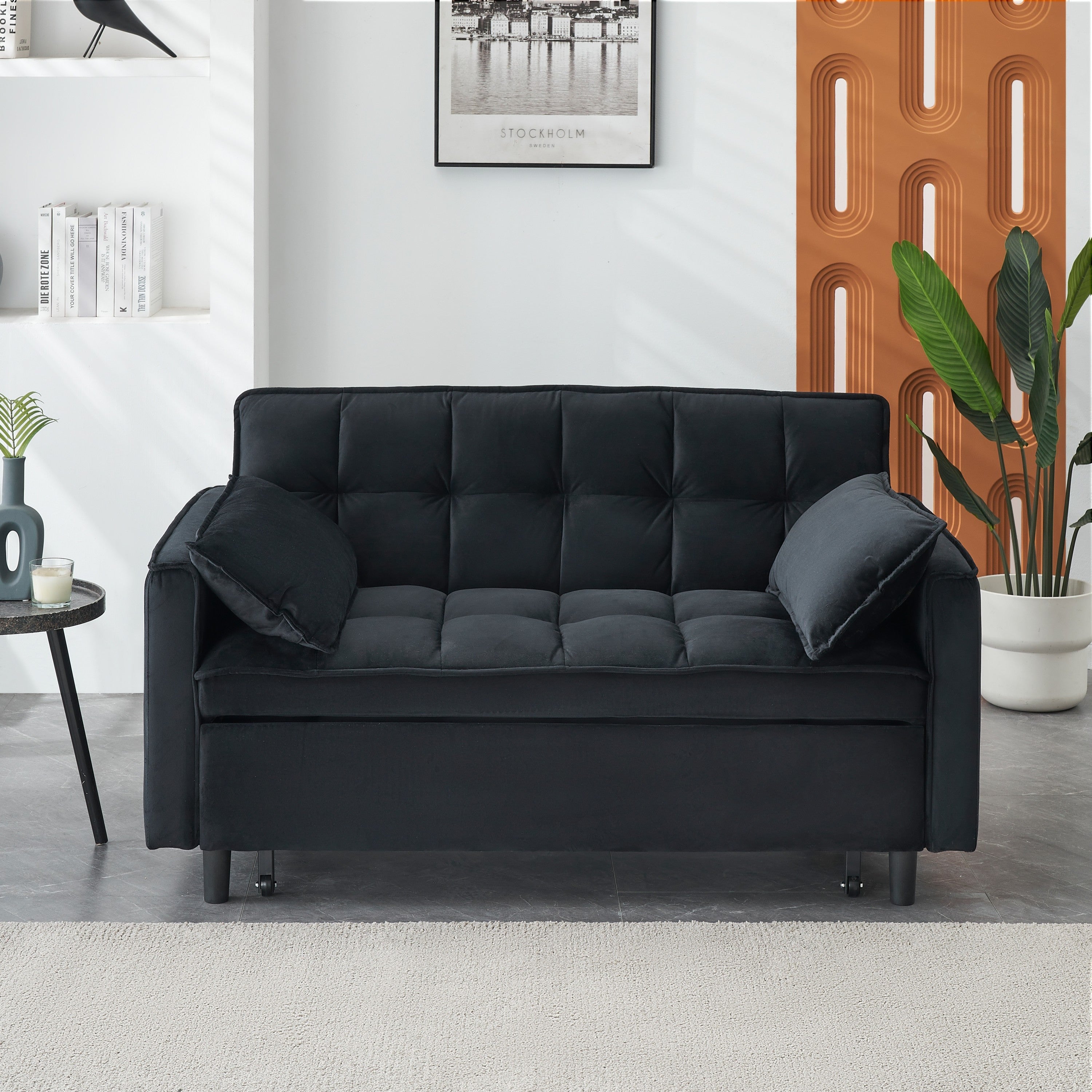 Modern Velvet Sofa Bed, 3-in-1 Convertible Love Seat with Backrest, Pillow, Pockets, Black Velvet, Metal Legs, 55x33x32.28 inches - Grand Goldman Shop