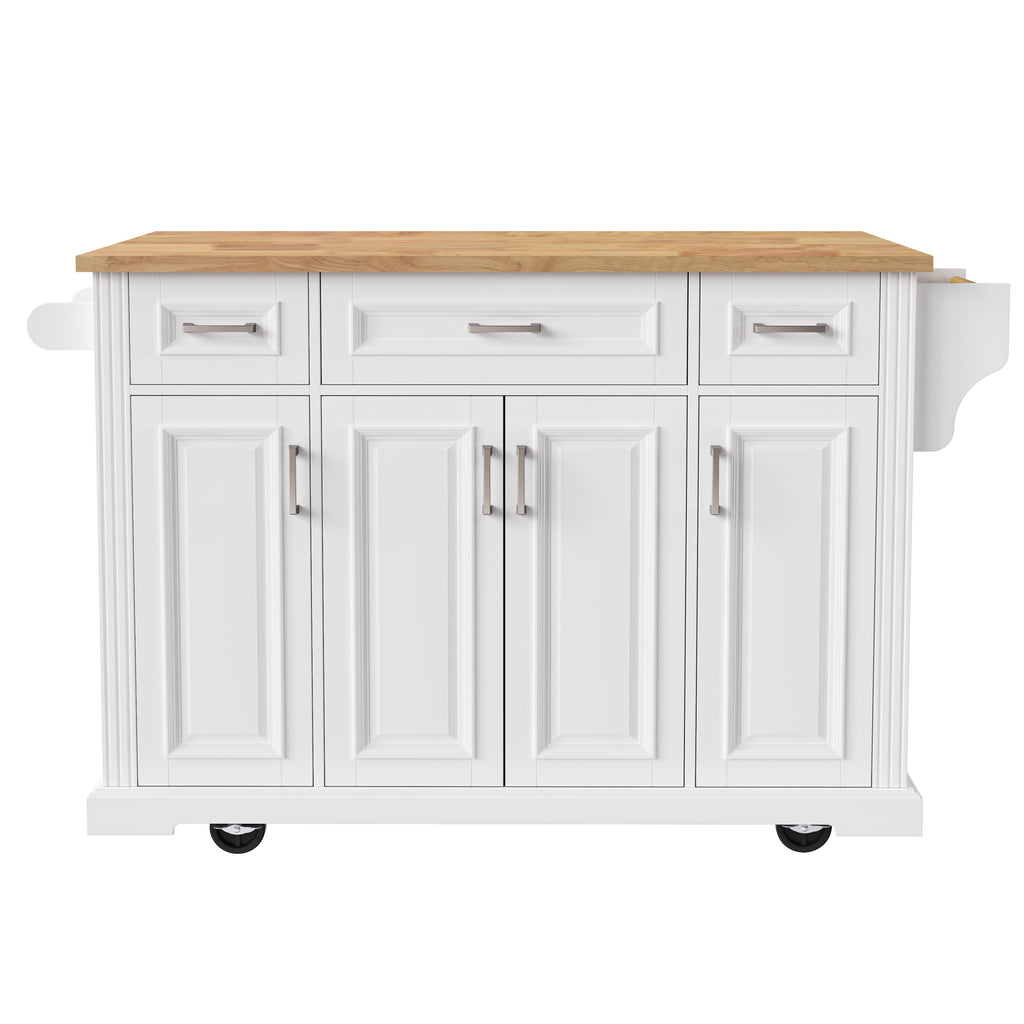 K&K 54inch Large Kitchen Island with Rubber Wood Drop Leaf, Embossed Texture Rolling Kitchen Cart on 4 Wheels with 4 Doors and 3 Drawers, Kitchen Island with Storage for Kitchen, Dining Room,White - Grand Goldman Shop