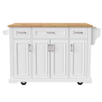 K&K 54inch Large Kitchen Island with Rubber Wood Drop Leaf, Embossed Texture Rolling Kitchen Cart on 4 Wheels with 4 Doors and 3 Drawers, Kitchen Island with Storage for Kitchen, Dining Room,White - Grand Goldman Shop