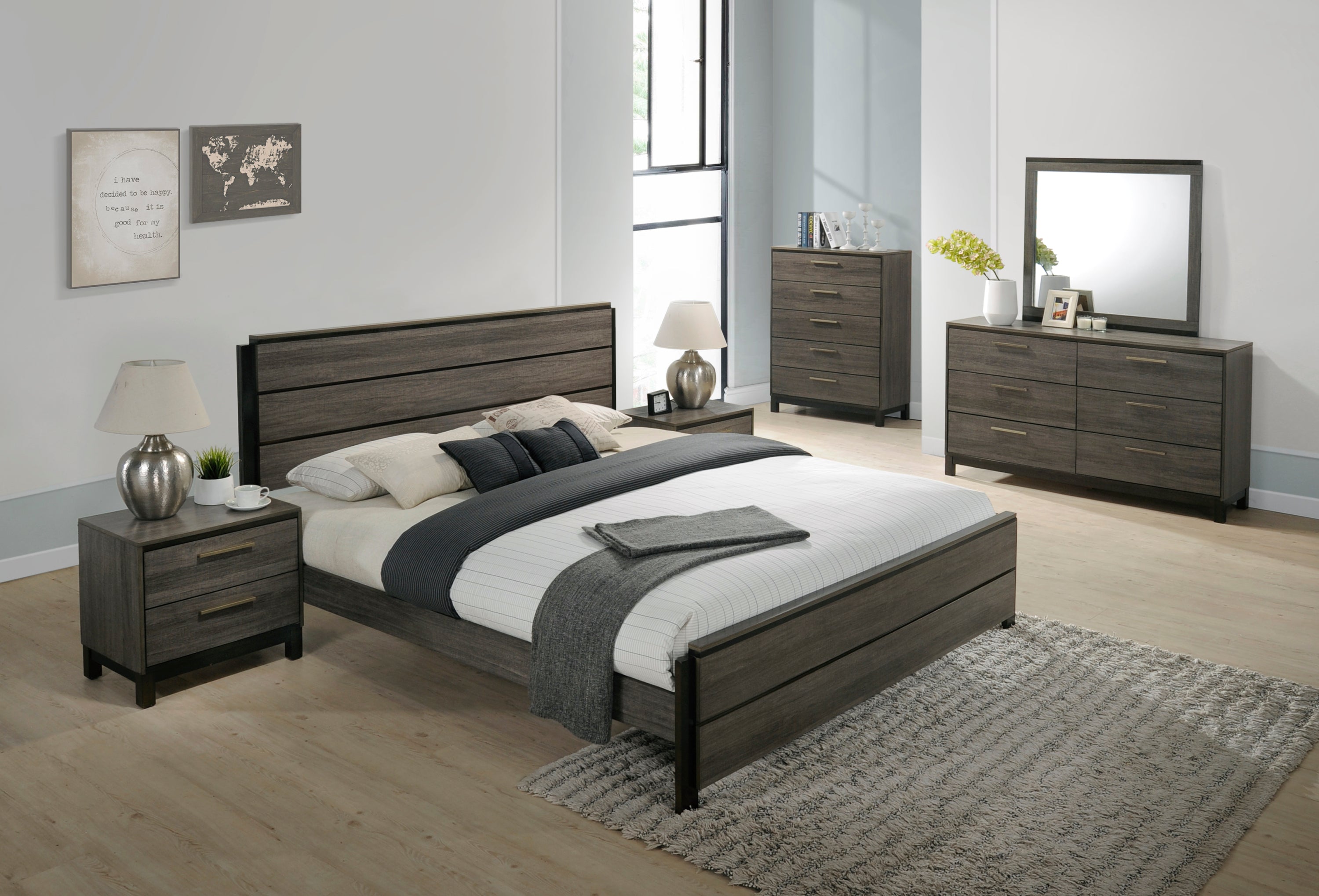 Ioana Antique Grey Wood 6-piece Queen Size Bedroom Set, Dresser, Mirror, 2 Night Stands , Chest - Grand Goldman Shop