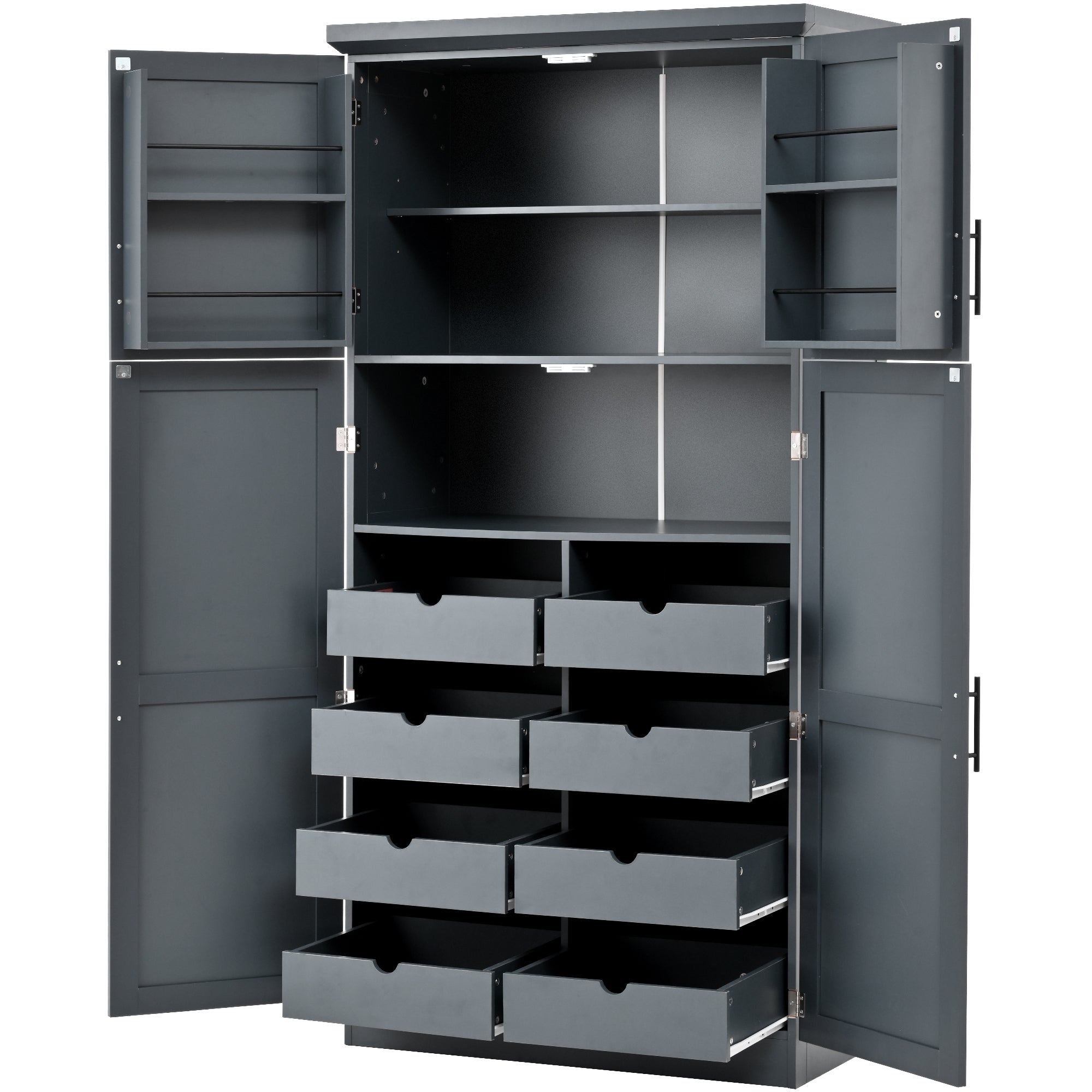 [Assembly Video Provided] TOPMAX 35.5x17.6x70.9inch Freestanding Kitchen Pantry Cabinet, Tall Storage Cabinet with 4 Doors, 2 Door Shelves, 8 Pull-out Trays and Adjustable Shelf for Dining Room, Gray - Grand Goldman Shop