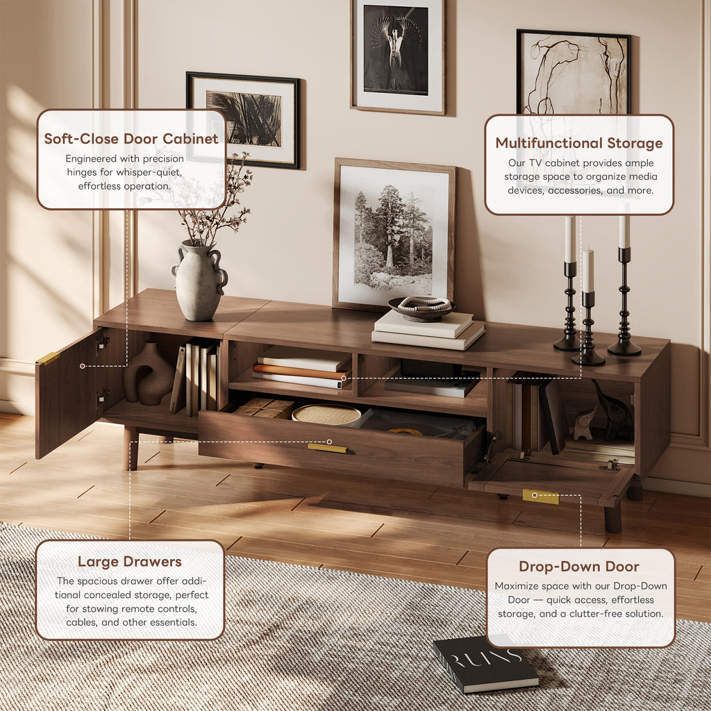 Wood Fashionable TV Stand for 75' TVs with Soft-Closing Doors, Dark Brown Modern Console with Rattan Accents and Drop-Down Cabinet, Solid Wood and MDF Construction - Grand Goldman Shop