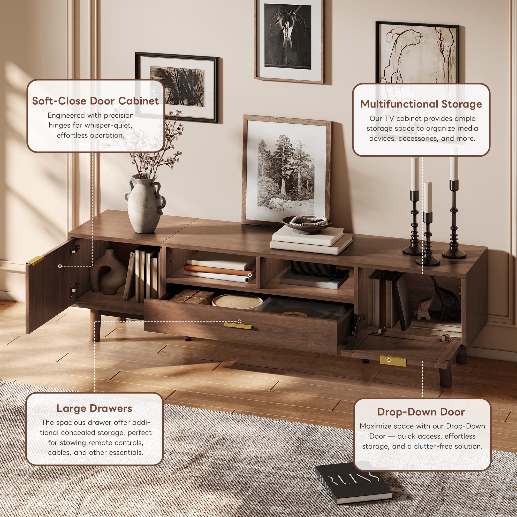 Wood Fashionable TV Stand for 75' TVs with Soft-Closing Doors, Dark Brown Modern Console with Rattan Accents and Drop-Down Cabinet, Solid Wood and MDF Construction - Grand Goldman Shop
