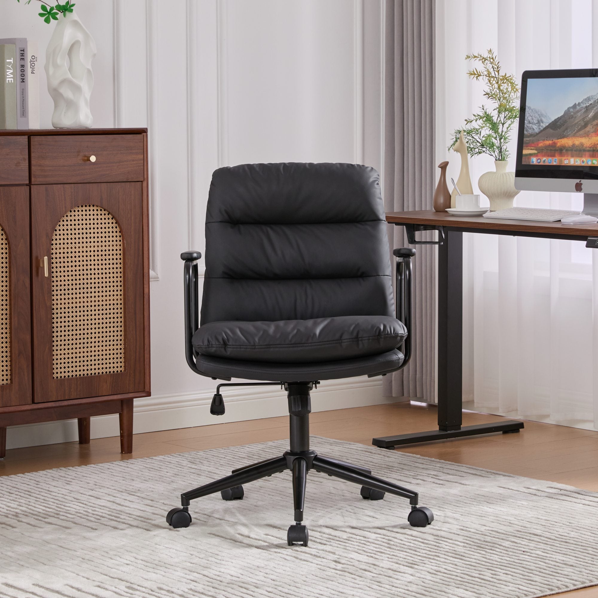 Office Chair,Mid Back Home Office Desk Task Chair with Wheels and Arms Ergonomic PU Leather Computer Rolling Swivel Chair wit