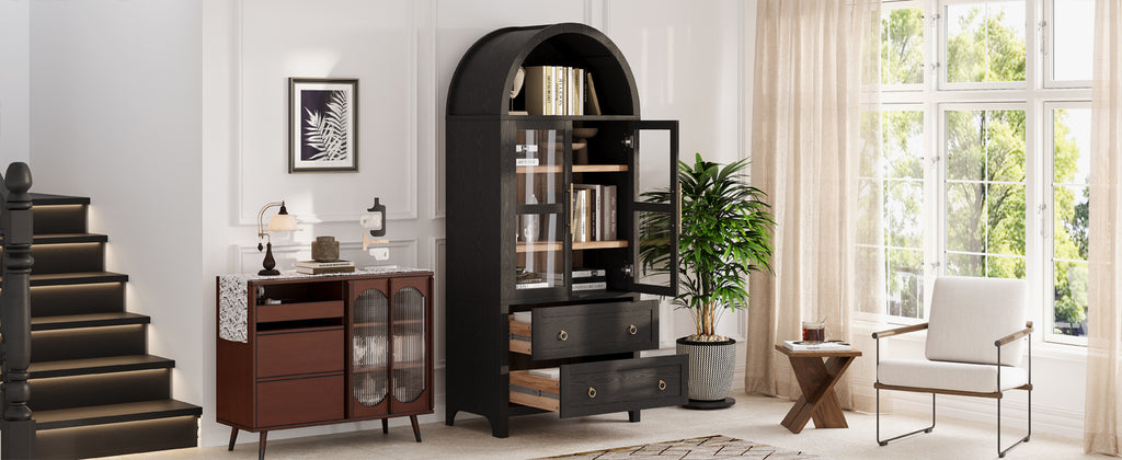 K&K 71' Tall Arched Kitchen Pantry Cabinet with 2 Large Drawers, Modern Farmhouse Kitchen Storage Cabinets with Adjustable Shelves, Glass Door, Wood Versatile Cupboard for Kitchens, Dining Room, Black - Grand Goldman Shop