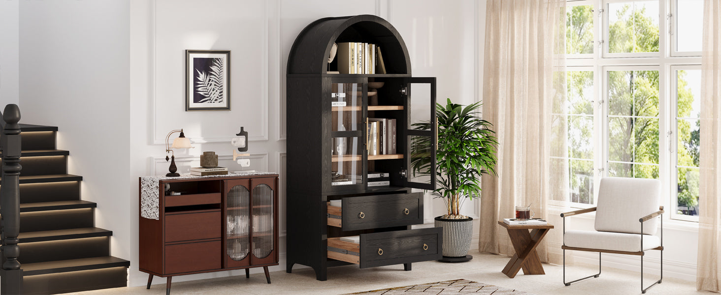 K&K 71' Tall Arched Kitchen Pantry Cabinet with 2 Large Drawers, Modern Farmhouse Kitchen Storage Cabinets with Adjustable Shelves, Glass Door, Wood Versatile Cupboard for Kitchens, Dining Room, Black - Grand Goldman Shop