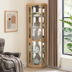 Corner Glass Cabinet Lighted Curio Cabinet Corner Display Case for Living Room, Curio Cabinet, Antique collection, Wine,Bar Glass Storage Light Included, Light oak - Grand Goldman Shop