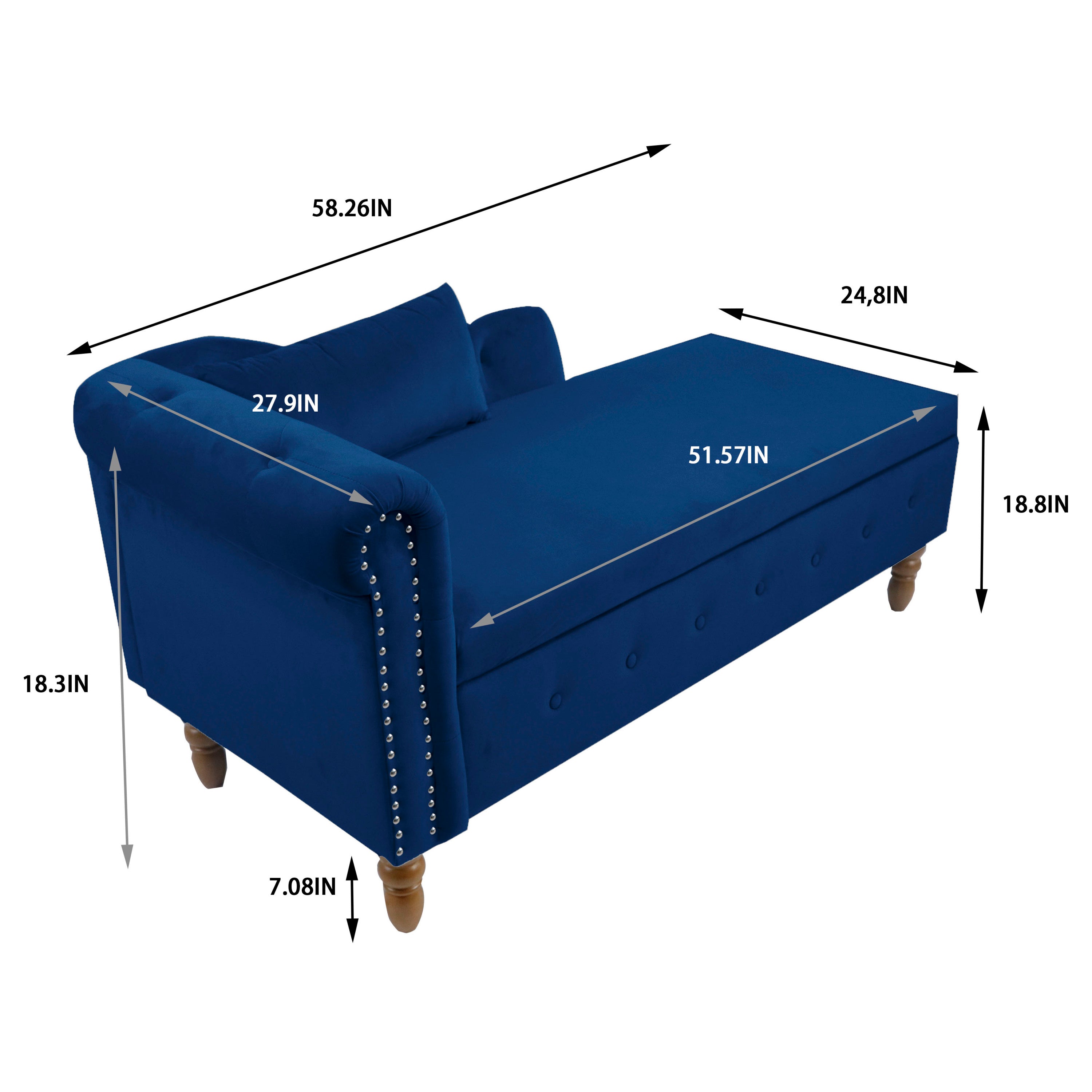 Navy Blue Chaise Lounge Indoor, Velvet Lounge Chair for Bedroom with Storage & Pillow, Modern Upholstered Rolled Arm Chase Lounge for Sleeping with Nailhead Trim for Living Room Bedroom Office - Grand Goldman Shop