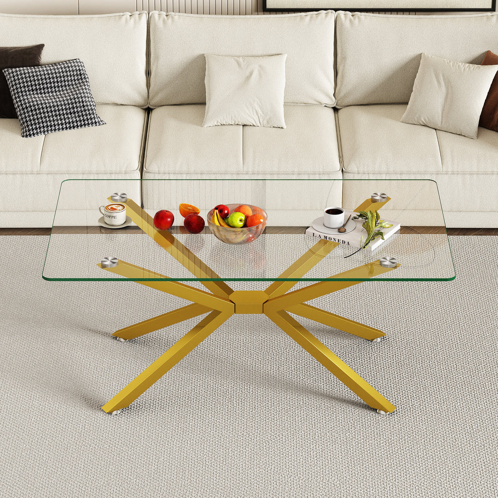 39.37' Rectangular Clear Tempered Glass Coffee Table,Stylish Design with Gold Metal Legs, Coffee Table for Living Room - Grand Goldman Shop