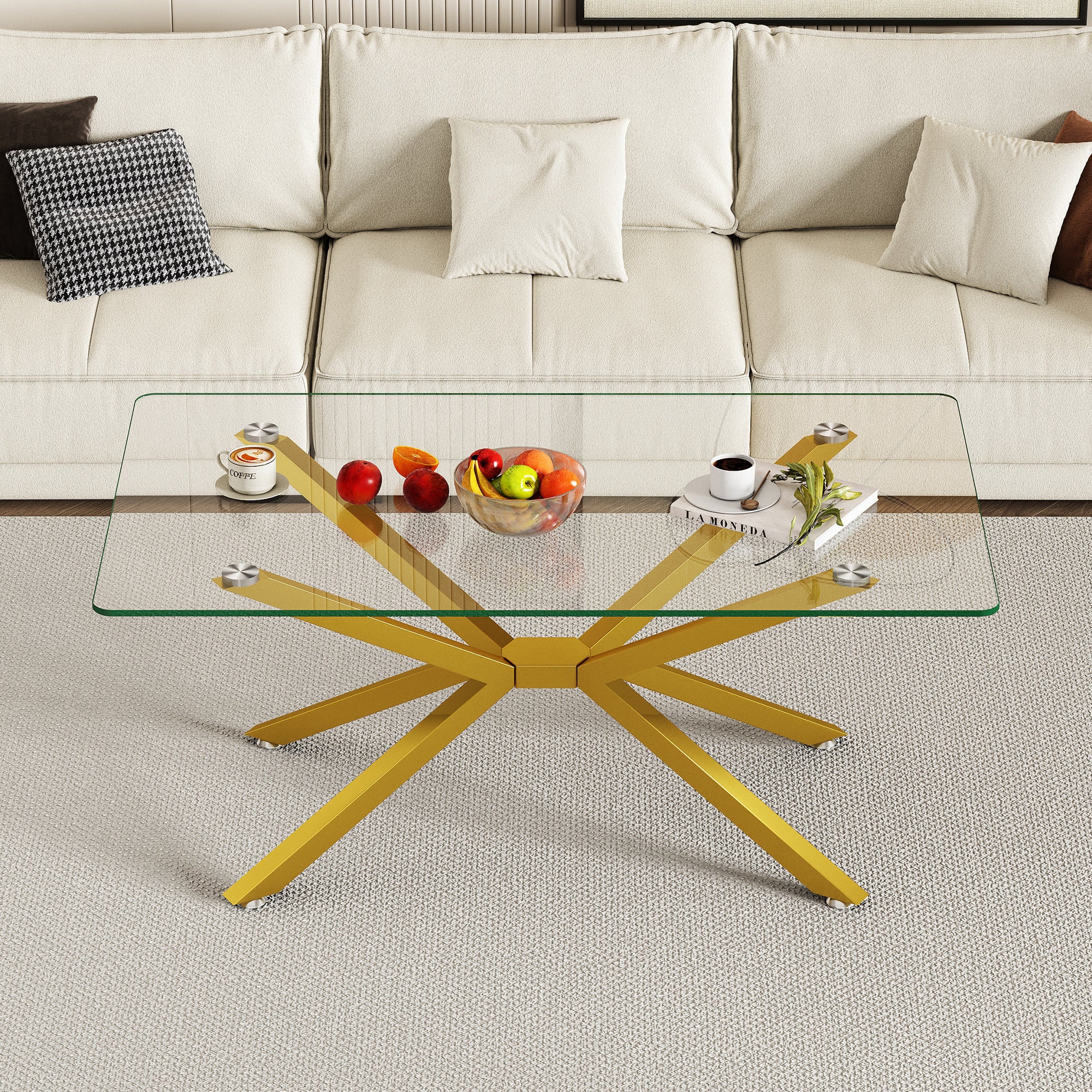 39.37' Rectangular Clear Tempered Glass Coffee Table,Stylish Design with Gold Metal Legs, Coffee Table for Living Room - Grand Goldman Shop
