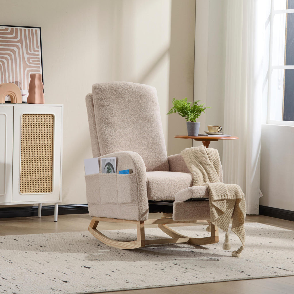 Modern Accent Rocking Chair Rocking Chair with Solid Wood Legs, Upholstered Nursery Glider Rocker Side Pocket and Footrest, Living Room Lounge Arm Chair with High Backrest (beige,teddy) - Grand Goldman Shop