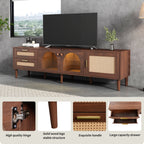 Dark Brown Rattan-inspired TV Stand with 3 Cabinets & 2 Drawers, LED Light Media Console for TVs up to 80'', MDF & Solid Wood Construction - Grand Goldman Shop