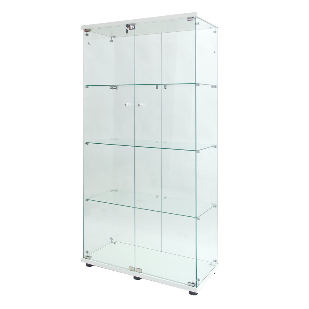 Two-door LED lights  Glass Display Cabinet 4 Shelves with Door, Floor Standing Curio Bookshelf for Living Room Bedroom Office