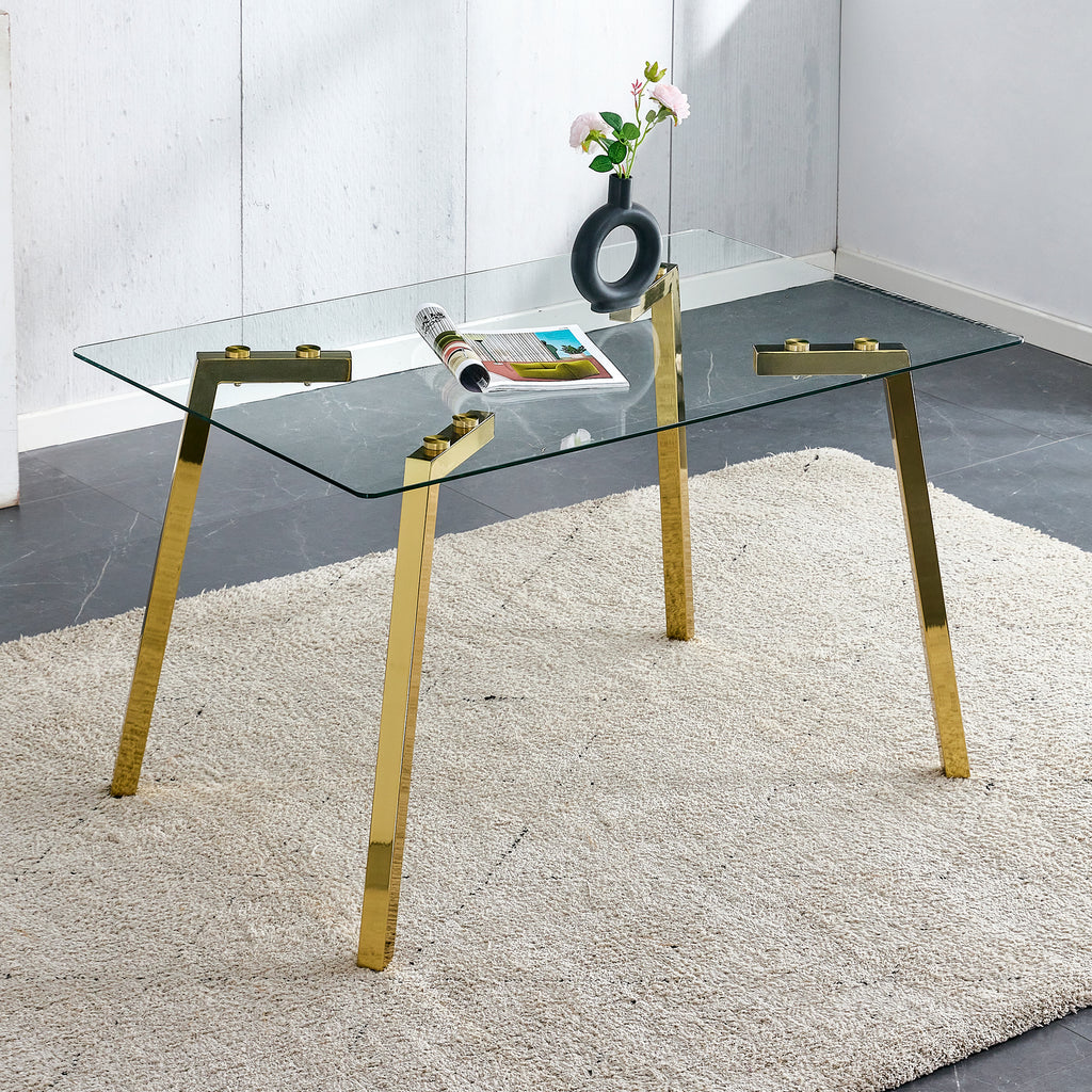 Modern minimalist style rectangular glass dining table with tempered glass tabletop and golden metal legs, suitable for kitchen, dining room, and living room, 51 ' * 31.5 ' * 29.5 '   1123 - Grand Goldman Shop