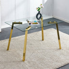 Modern minimalist style rectangular glass dining table with tempered glass tabletop and golden metal legs, suitable for kitchen, dining room, and living room, 51 ' * 31.5 ' * 29.5 '   1123 - Grand Goldman Shop